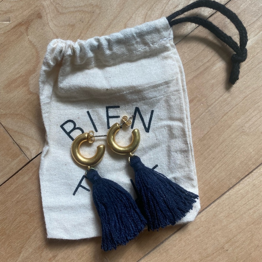 Madewell Gold Hoops with Navy Thread Tassels